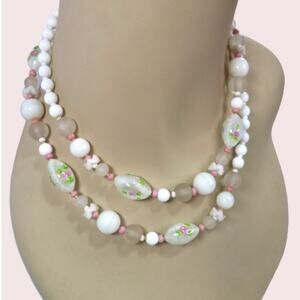 Vintage Milk Glass 34" Necklace Floral Painted Murano Glass Pink Accents RARE